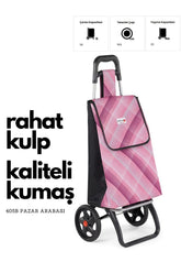 Pembe desenli, rahat kulplu Perilla pazar arabası, dayanıklı kumaş ve büyük tekerlekler.