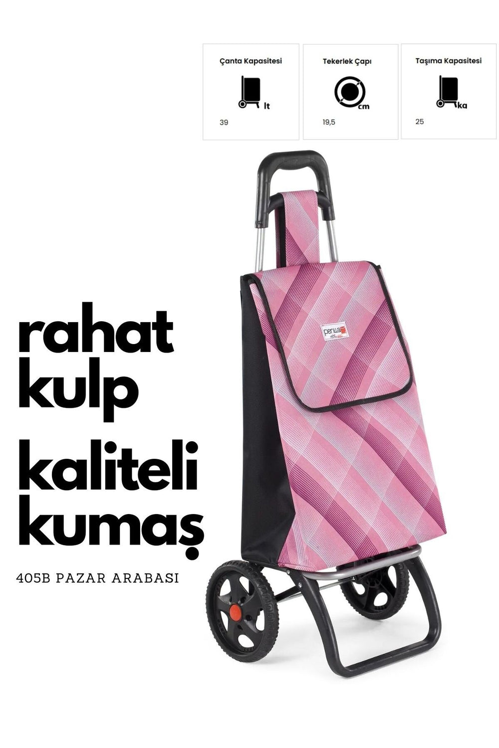 Pembe desenli, rahat kulplu Perilla pazar arabası, dayanıklı kumaş ve büyük tekerlekler.