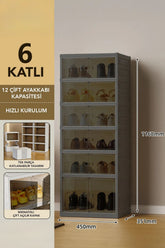 6 katlı portatif ayakkabı düzenleyici, 12 çift ayakkabı kapasitesi ve hızlı kurulum ile pratik depolama sağlar.