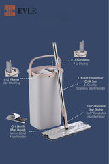 Lavine Premium Flat Mop Seti | Gri, Su Tahliyeli Kova, Paslanmaz Çelik Sap