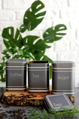 Evle Metal Çay, Kahve, Şeker Saklama Kutusu 3 Lü Set 8.7 X 8.7 X 12.5 Cm, Silver