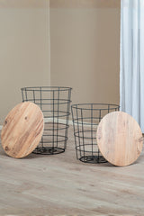 Dekoratif Metal Tel Sepet Zigon Sehpa Takımı, 2'li İskandinav Tarzı Ahşap Kapaklı Orta Sehpa
