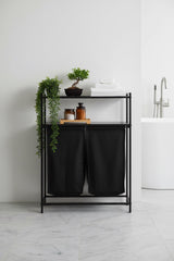 Banyo/Çamaşır Odası için 2 Raflı, 2 Bölmeli Metal Çamaşır Sepeti ve Düzenleyici Raf Ünitesi - Siyah