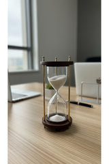 Ahşap Kaideli Dekoratif Kum Saati 14 cm Beyaz Kumlu Altın Rengi Metal Lüks Vintage Ofis Hediyelik