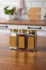 Mienda Home 3'lü Cam Baharatlık Seti Gold Kapaklı Etiketli Baharatlık Takımı Mh00gld03
