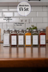 6'lı Cam Baharatlık Seti Gümüş Kapak Ve Beyaz Etiketli Baharatlık