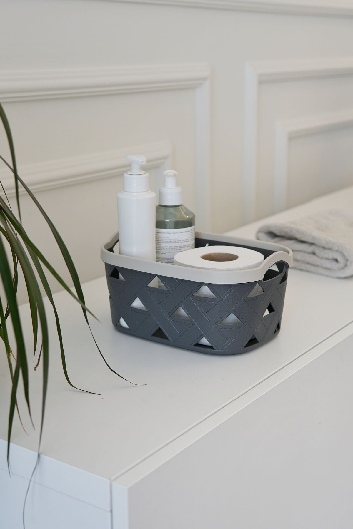 Deri Desenli Saklama ve Düzenleme Sepet Takımı (3'lü), Krem