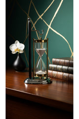 Siyah Standlı Askılı Kum Saati 28 cm Altın Gümüş Detaylı Beyaz Kumlu Dekoratif Lüks Ofis Hediyelik