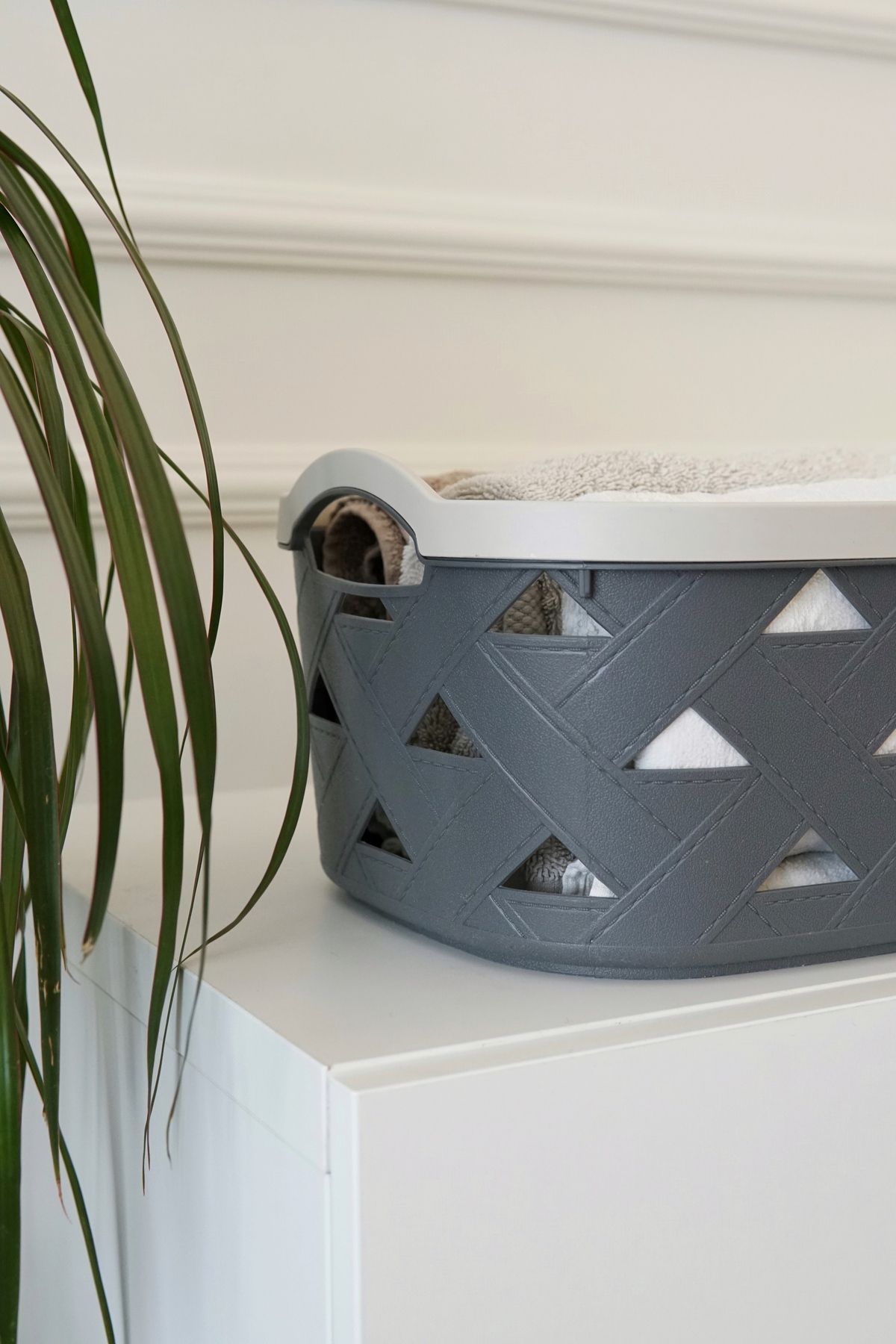 Deri Desenli Saklama ve Düzenleme Sepet Takımı (4'lü), Gri