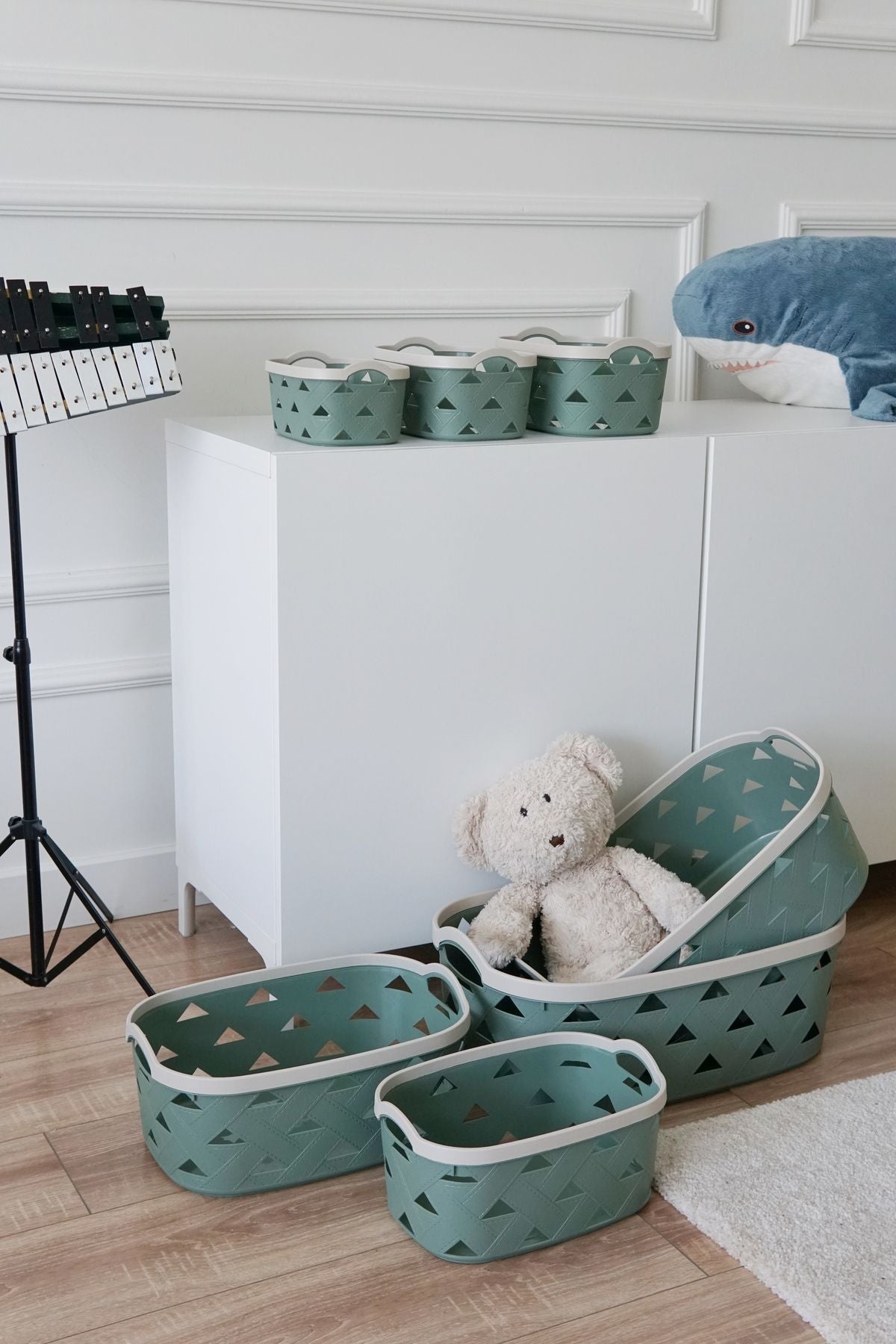 Deri Desenli Saklama ve Düzenleme Sepet Takımı (7’li), Yeşil