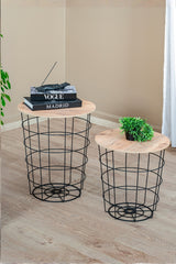 Dekoratif Metal Tel Sepet Zigon Sehpa Takımı, 2'li İskandinav Tarzı Ahşap Kapaklı Orta Sehpa