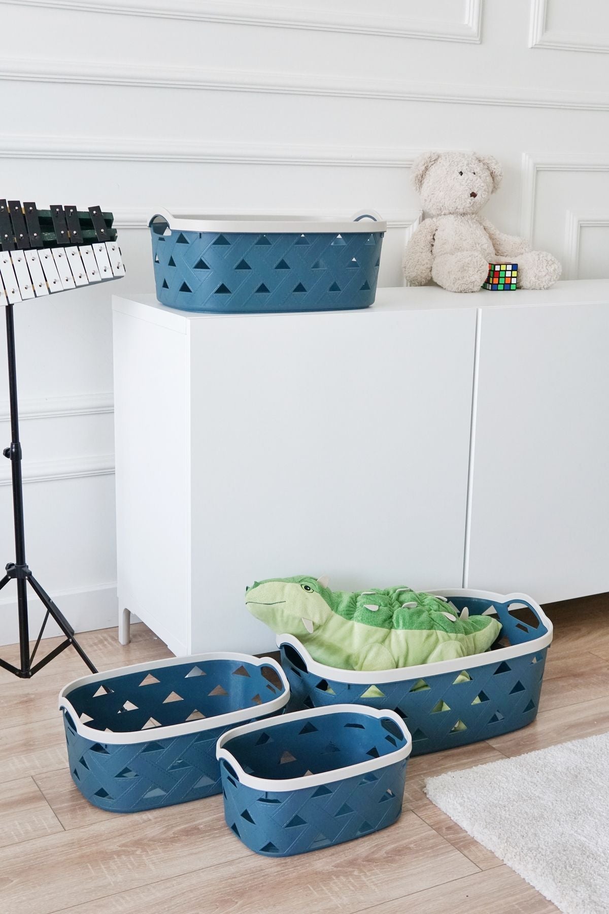 Deri Desenli Saklama ve Düzenleme Sepet Takımı (4'lü), Mavi