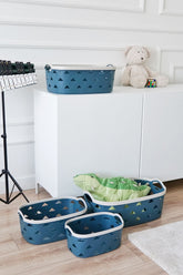 Deri Desenli Saklama ve Düzenleme Sepet Takımı (4'lü), Mavi