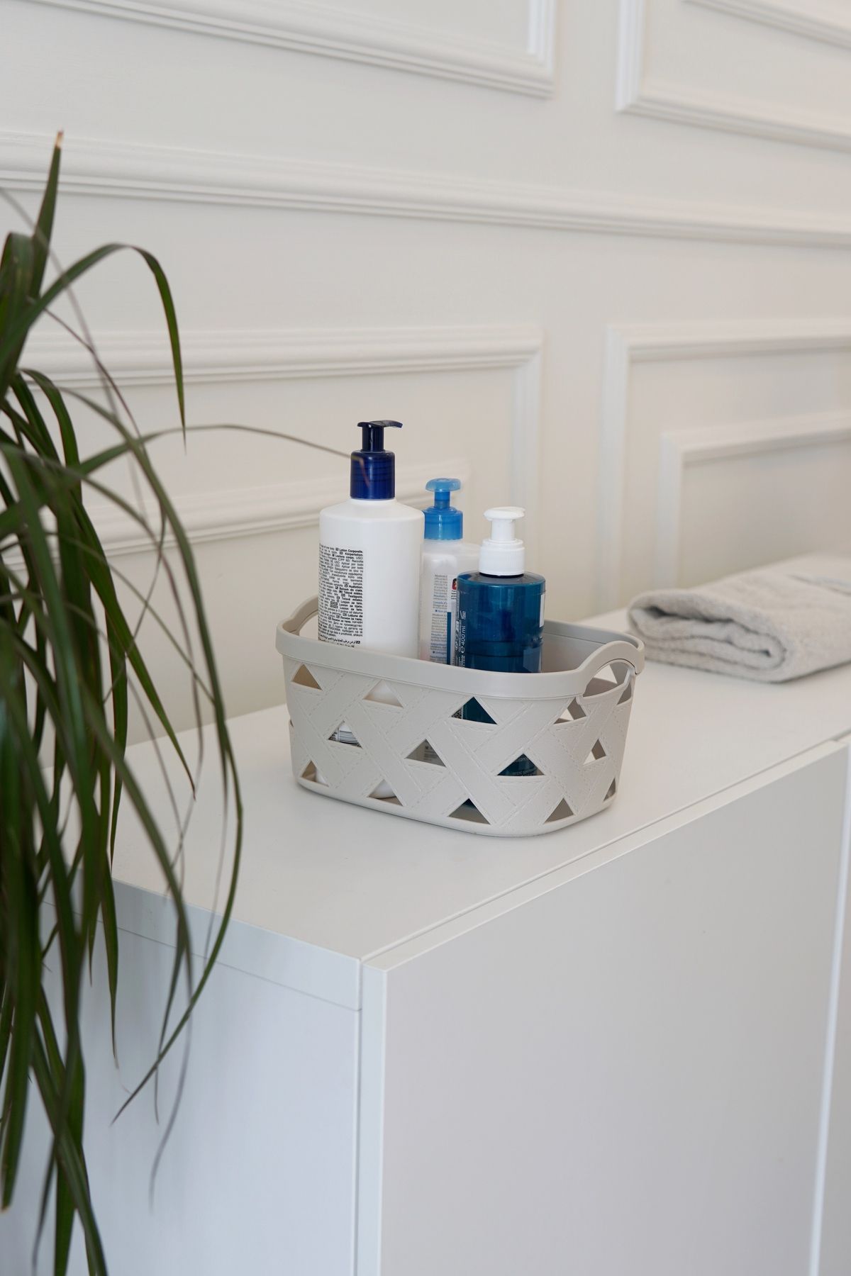 Deri Desenli Saklama ve Düzenleme Sepet Takımı (3'lü), Gri