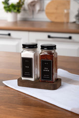 Mienda Home 2'li Ahşap Standlı Cam Baharatlık Seti Kapaklı Siyah Etiketli Baharatlık Mh01syh02