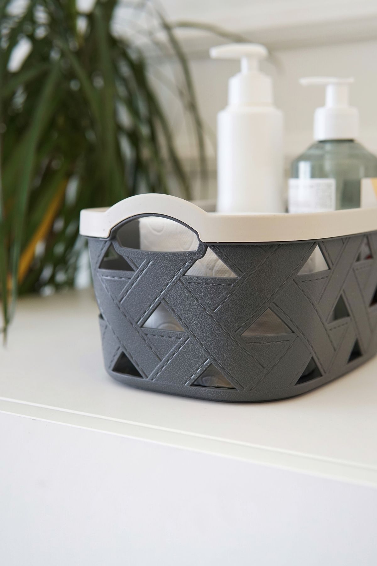 Deri Desenli Saklama ve Düzenleme Sepet Takımı (3'lü), Krem