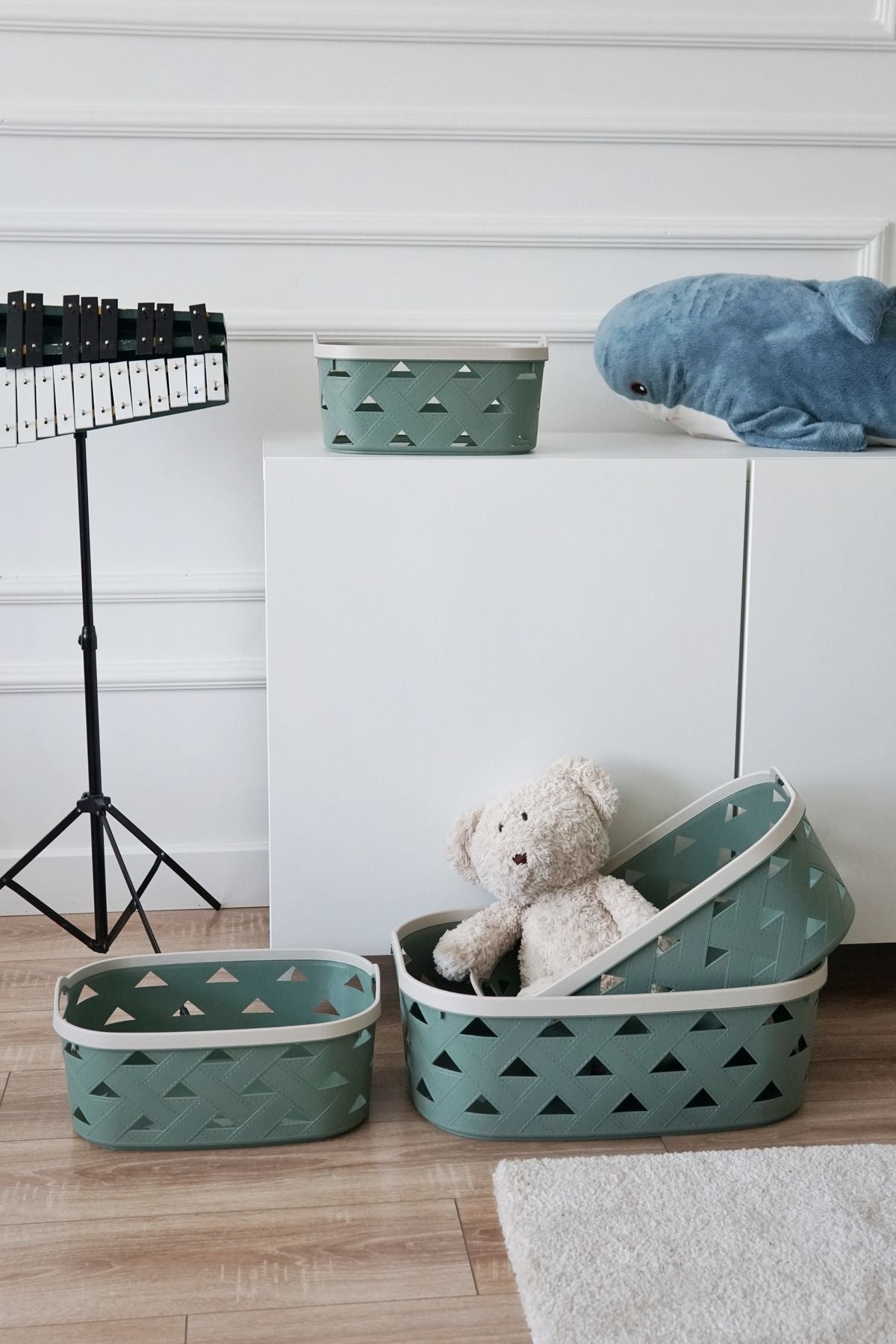 Deri Desenli Saklama ve Düzenleme Sepet Takımı (4'lü), Yeşil