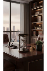 Füme Metal Çift Pusulalı Kum Saati 16 cm Siyah Kumlu Lüks Modern Masaüstü Hediyelik Aksesuar