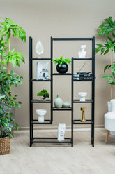 Çok Amaçlı Kademeli Metal Raf, 12 Gözlü Kitaplık ve Saksı Standı, Siyah Organizer Ünite