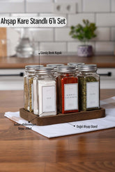 6'lı Ahşap Kare Standlı Cam Baharatlık Seti Beyaz Etiketli Baharatlık Takımı Mh01slvr06