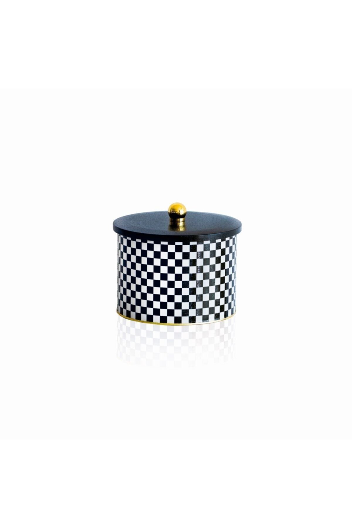 Ef145-g8 Checkers Black Desenli Yuvarlak Metal Saklama Kabı 17.5 Cm