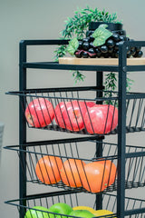 Metal Gövdeli 4 Sepetli Tekerlekli Mutfak Rafı, Patates Soğan Sebzeliği, Siyah Organizer Stand