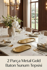 2 Parça Baton Gold Renk Metal Sunum Tepsisi, Altın Renk Servis Tepsisi, Sunumluk