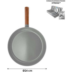 Fika Döküm Tava 24 cm gri, ahşap saplı, düz yüzeyli mutfak tava