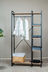 Çok Amaçlı Ayaklı Askılık, 5 Raflı Geniş Kapasiteli Elbise Dolabı, Modern Portmanto ve Kitaplık