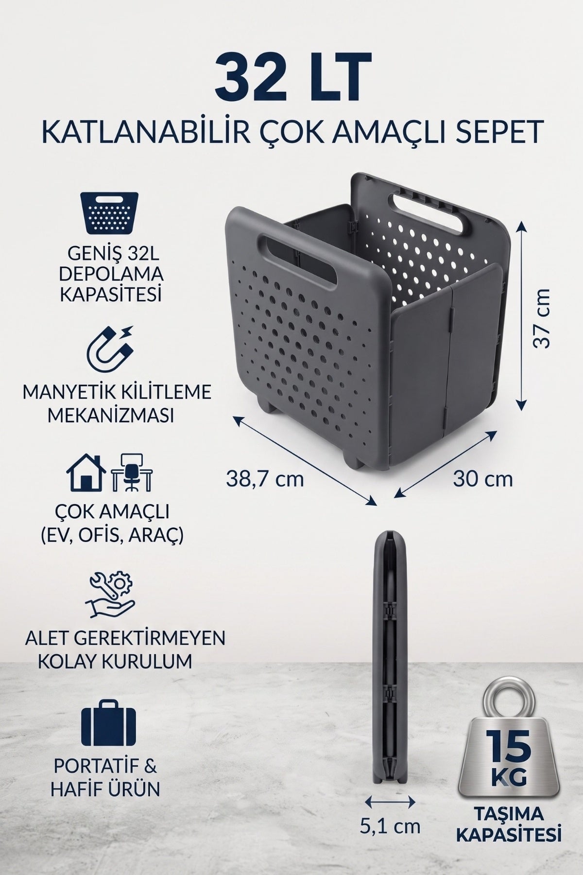 Evle Katlanabilir Çok Amaçlı Saklama Sepeti Manyetik Kilitli Yer Kaplamayan Organizer 32 L Beyaz