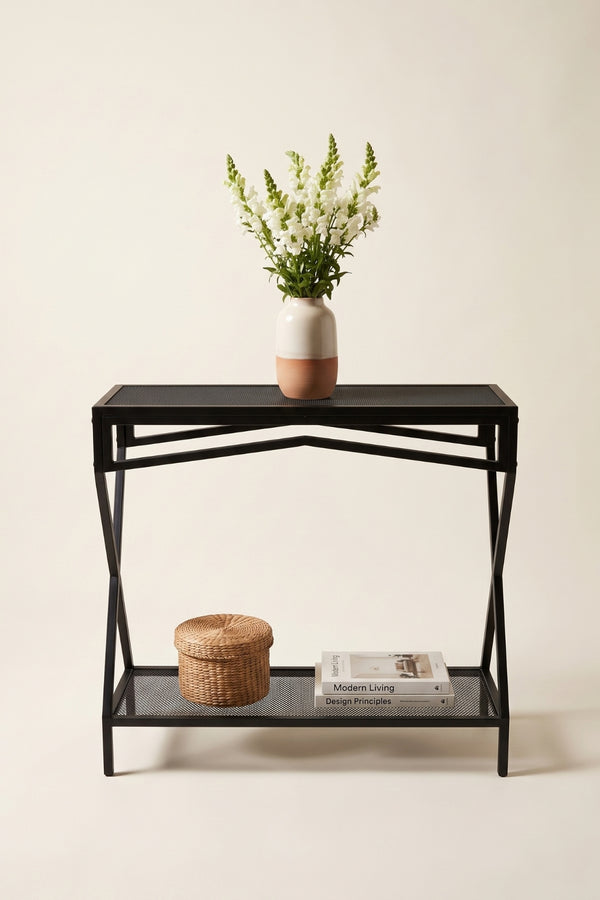 Evle 2 Katlı Metal Dresuar X Ayaklı Konsol Masa Antre Hol Koridor Sehpası Siyah 30x76x83 cm