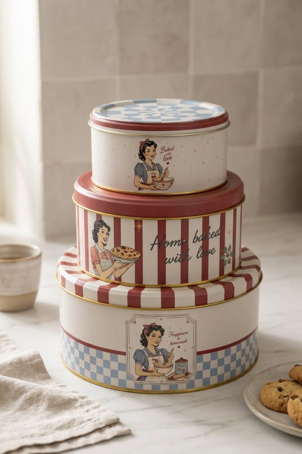 Evle Kapaklı Metal Yuvarlak Saklama Kutusu 3'lü Set Düzenleyici 21,5 17,5 14 cm / Retro American