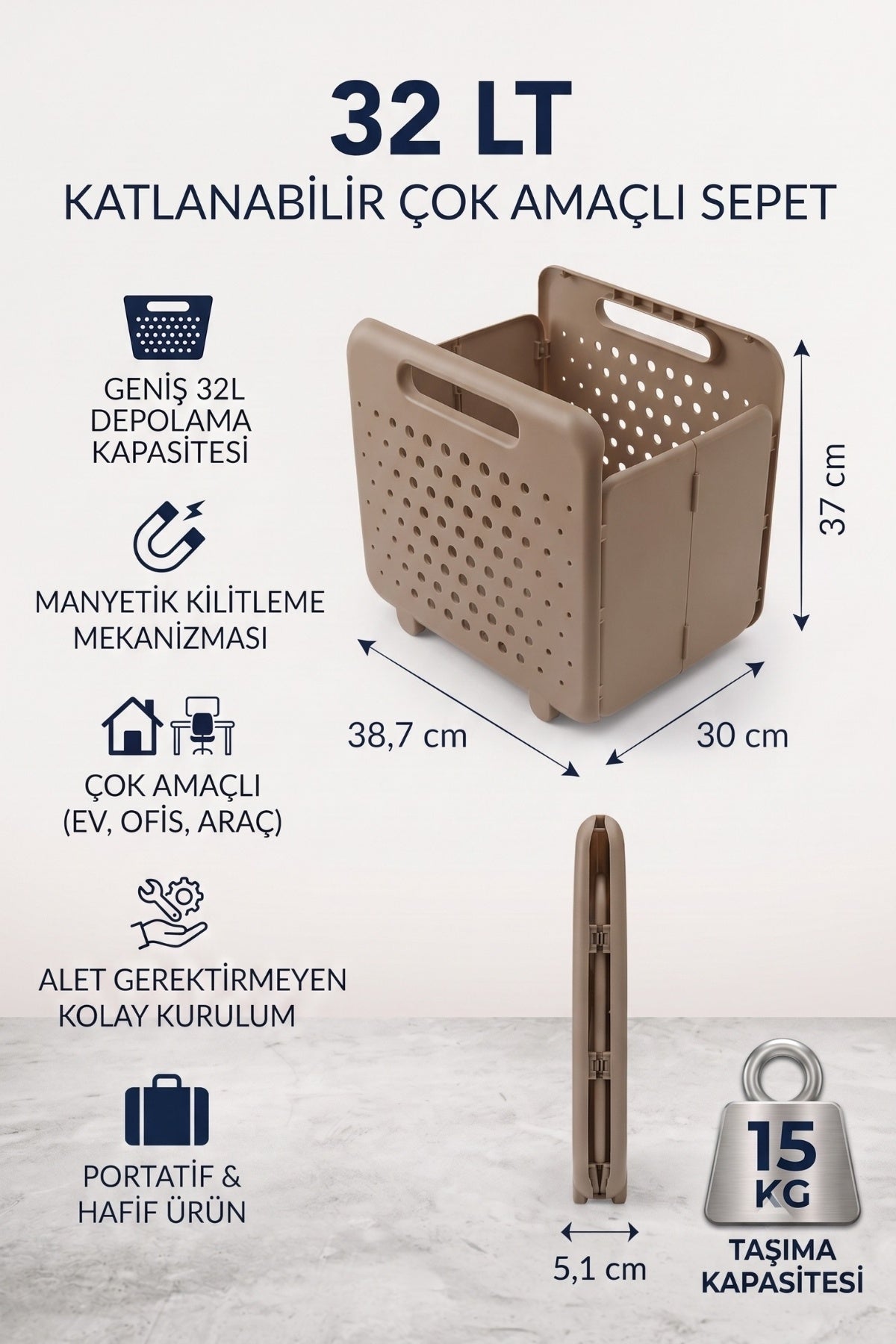 Evle Katlanabilir Çok Amaçlı Saklama Sepeti Manyetik Kilitli Yer Kaplamayan Organizer 32 L Beyaz