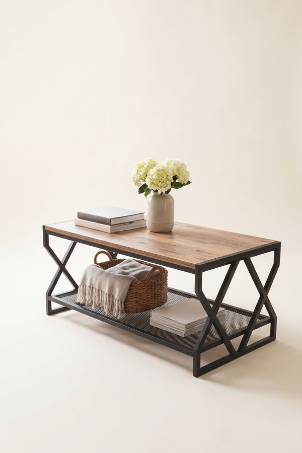 Evle Salon İçin Raflı Metal Orta Sehpa Ahşap Görünümlü Tabla Geometrik Ayaklı 50x94x45 cm