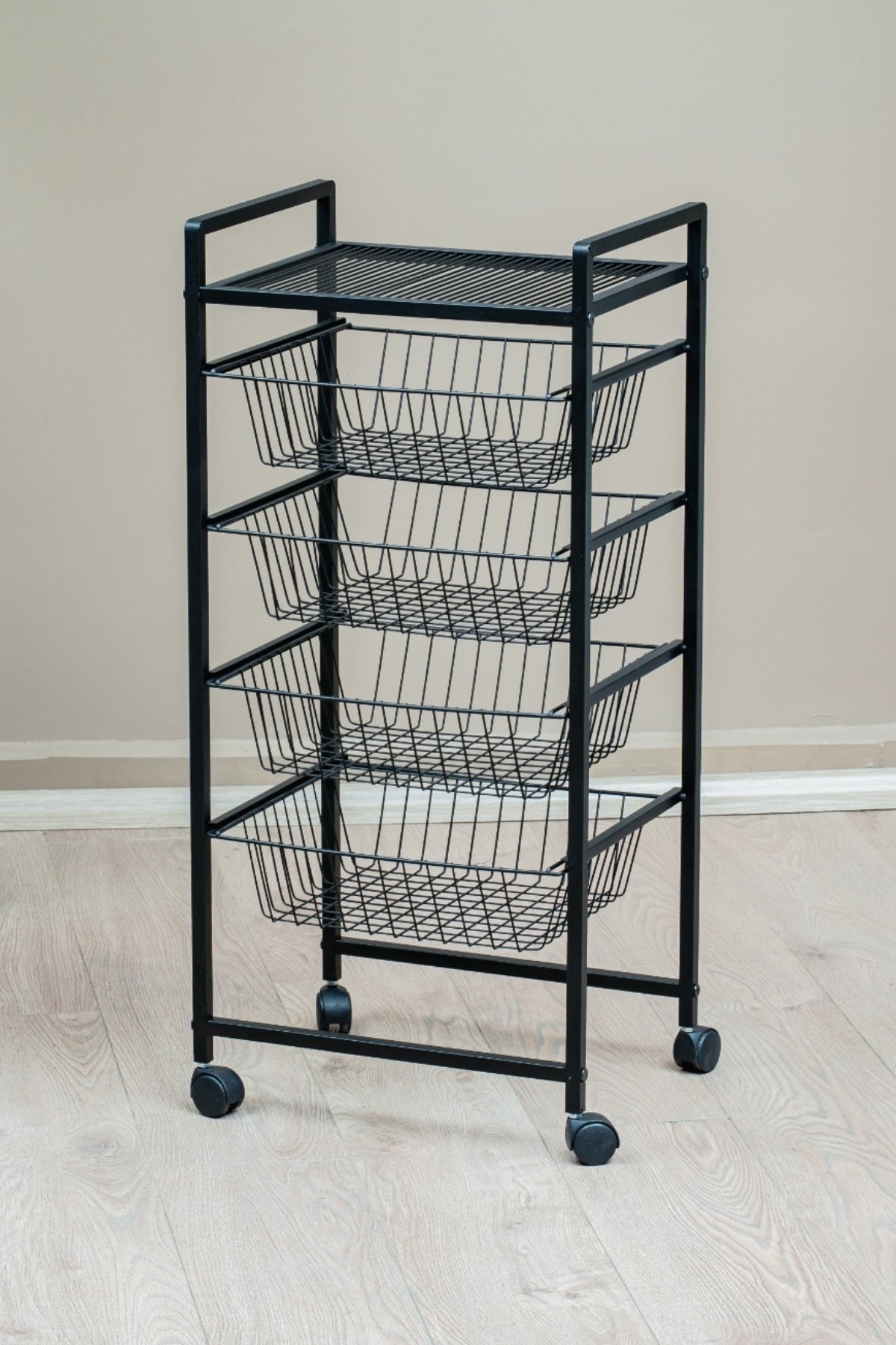 Metal Gövdeli 4 Sepetli Tekerlekli Mutfak Rafı, Patates Soğan Sebzeliği, Siyah Organizer Stand