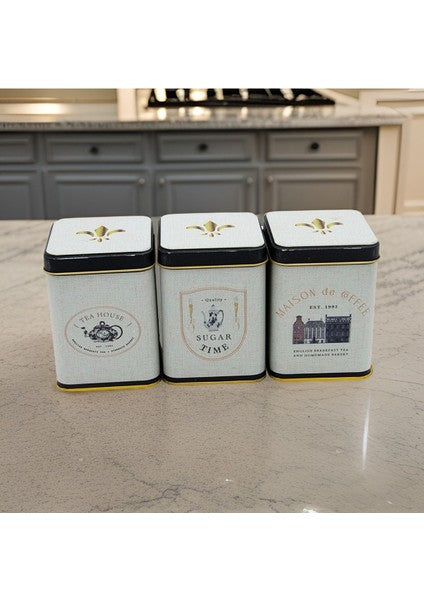 Evle Kare Metal Saklama Kabı 75x75 3 Lü Set Tea Coffee Sugar