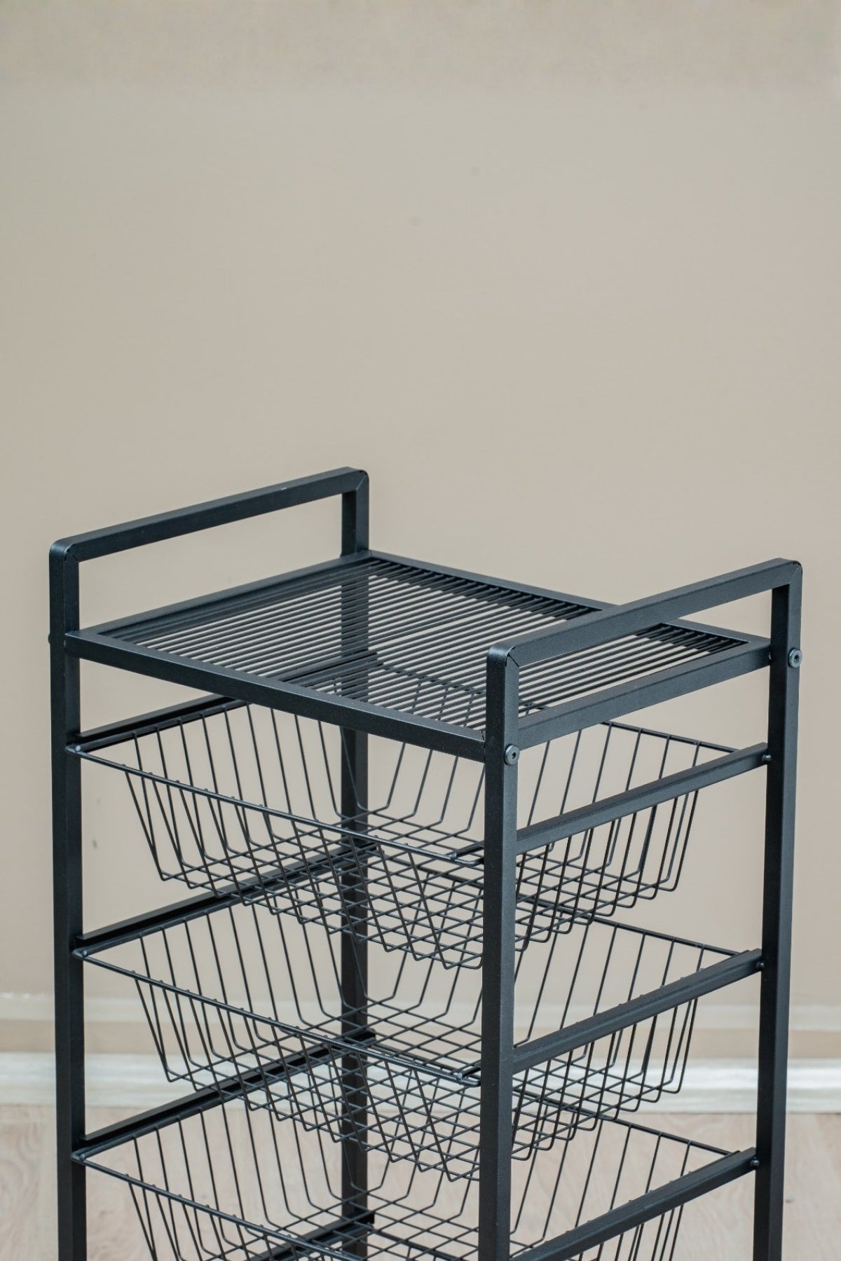 Metal Gövdeli 4 Sepetli Tekerlekli Mutfak Rafı, Patates Soğan Sebzeliği, Siyah Organizer Stand