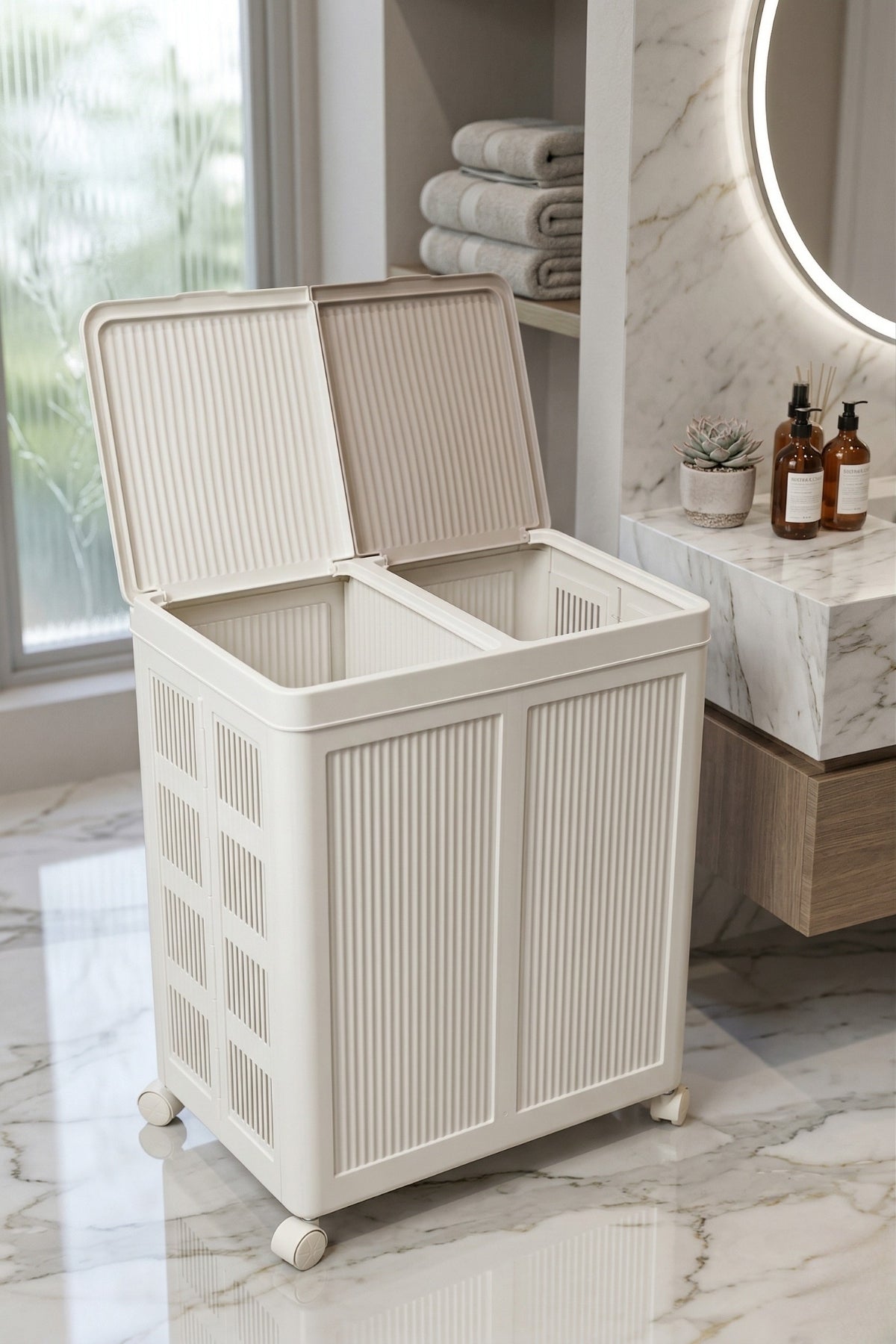 Evle 2 Bölmeli Tekerlekli 50 + 50 litre Kapaklı Çamaşır Sepeti, Kirli Sepeti