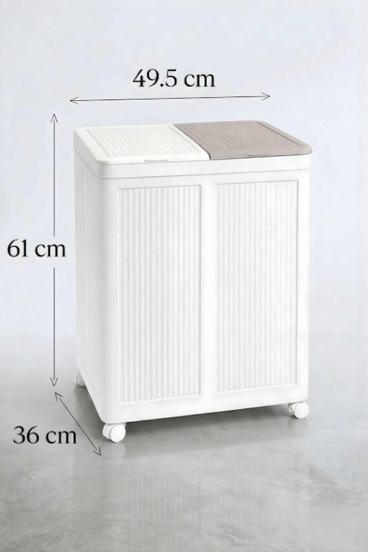 Evle 2 Bölmeli Tekerlekli 50 + 50 litre Kapaklı Çamaşır Sepeti, Kirli Sepeti