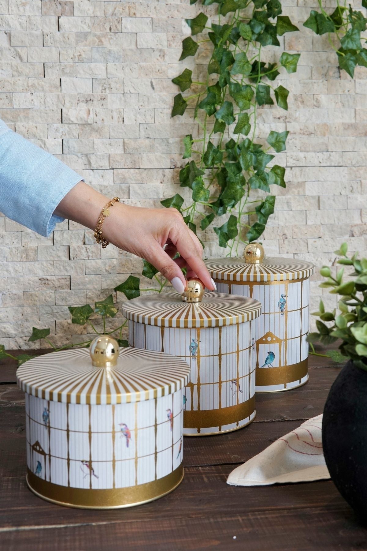 Evle Yuvarlak Kutu Ø140, Topuz Kulp, 3 lü Set, Bird Cage
