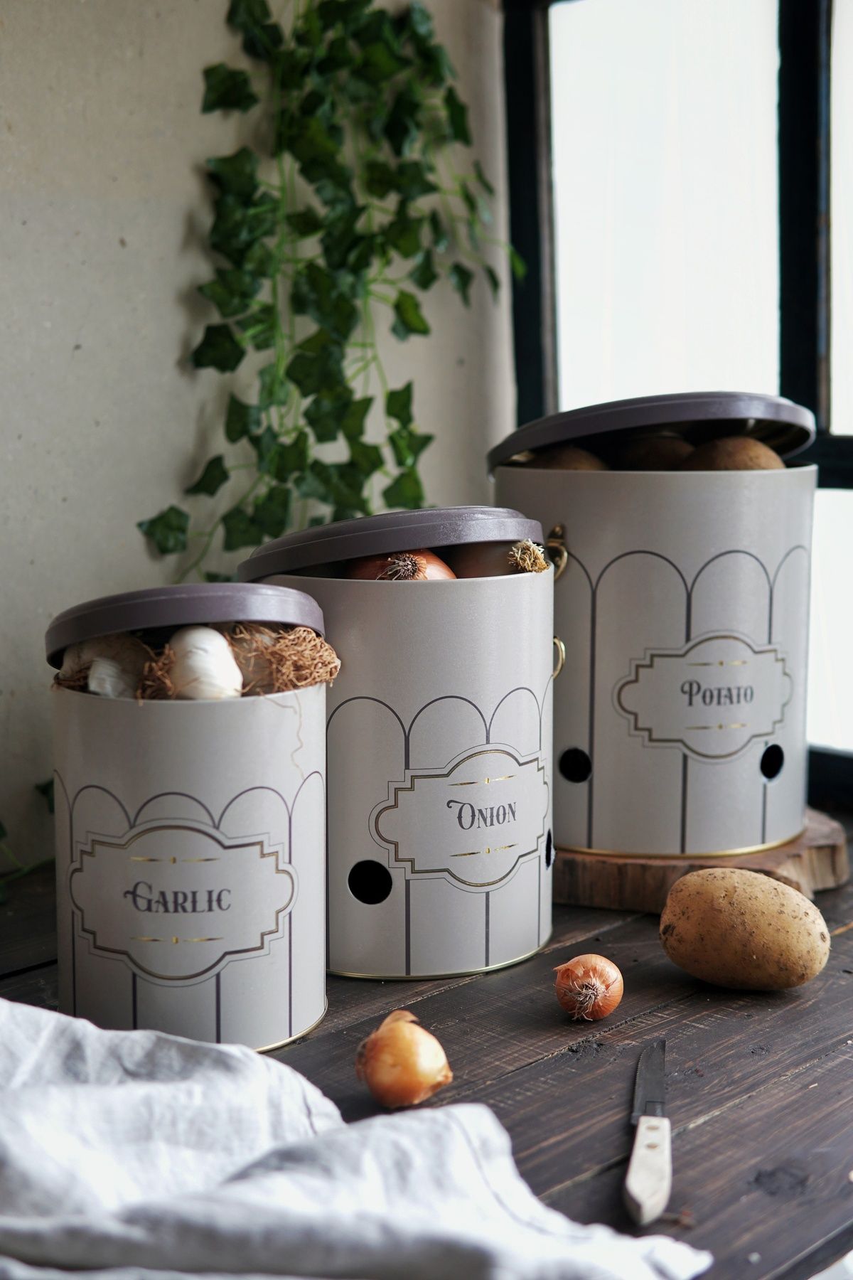 Evle Patates Soğan Sarımsak Saklama Kabı 3 lü Set, Retro