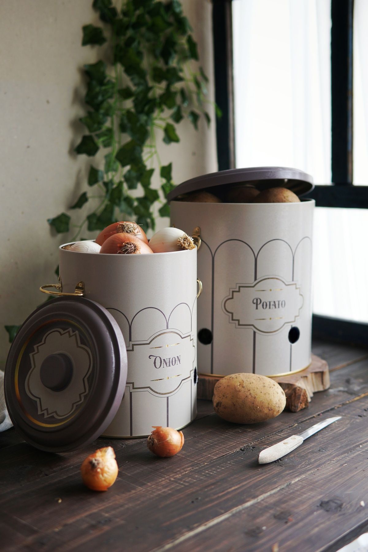 Evle Patates Soğan Saklama Kabı 2 li Set, Retro