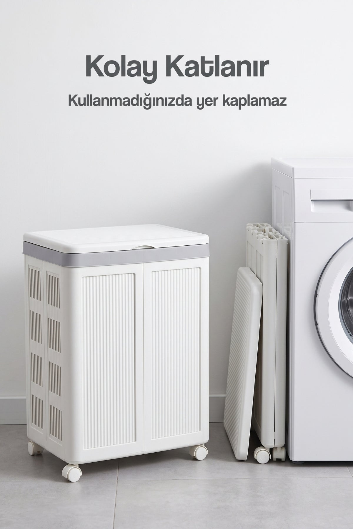 Evle Katlanır Tekerlekli Kapaklı Çamaşır Sepeti 100 Litre Yer Kaplamayan Oyuncak Saklama Kutusu