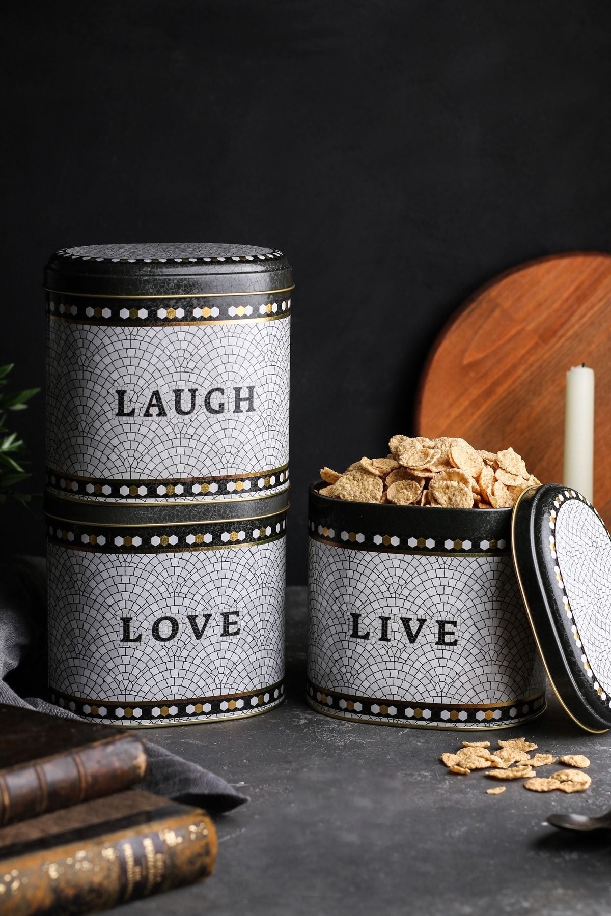 Evle Oval Metal Saklama Kabı 3 lü Set, Mosaic