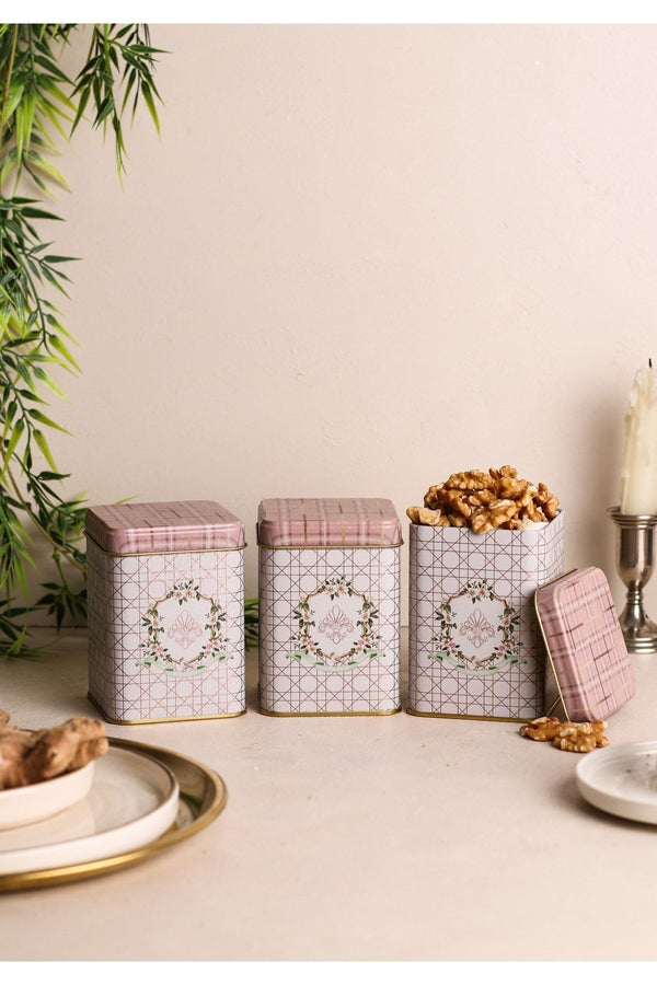 Evle Kare Metal Saklama Kabı 75x75 3 Lü Set, Rosy