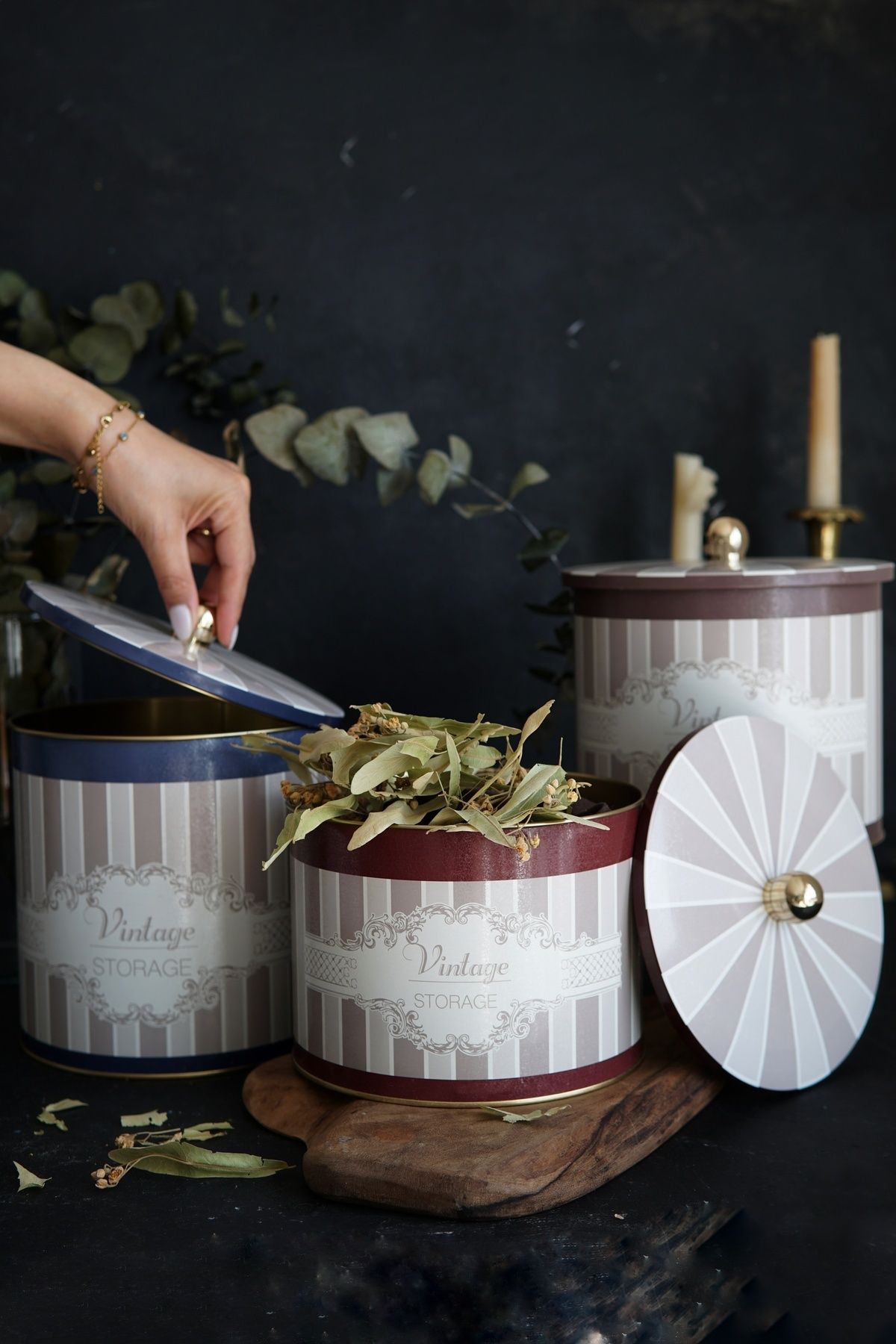 Evle Yuvarlak Kutu Ø175, Topuz Kulp, 3 lü Set, Elegance