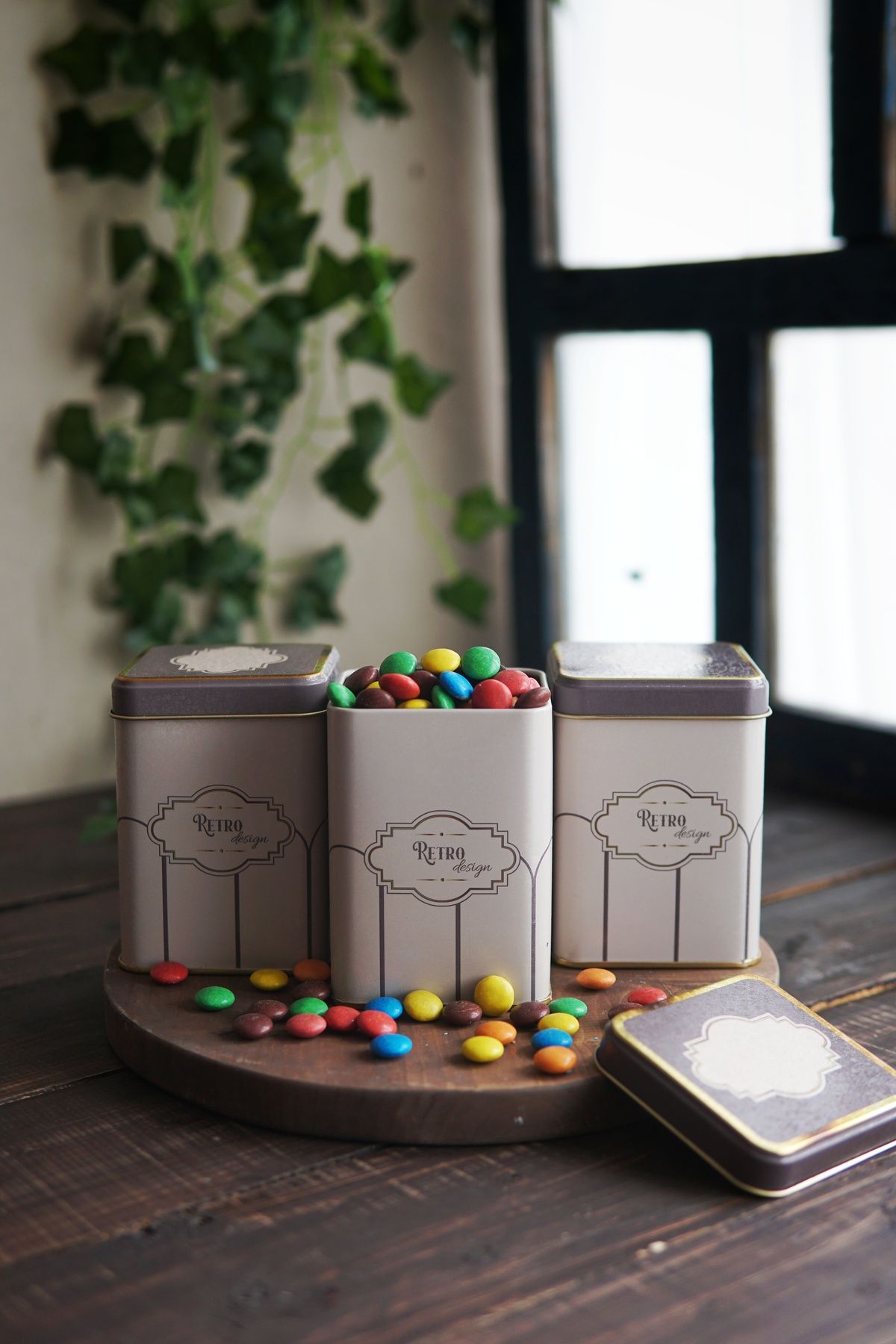 Evle Kare Metal Saklama Kabı 75x75 3 Lü Set, Retro