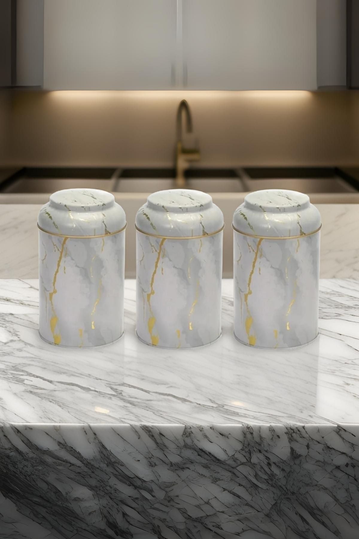 Evle Silindir Saklama Kabı Ø105 3 lü Set, Marble White
