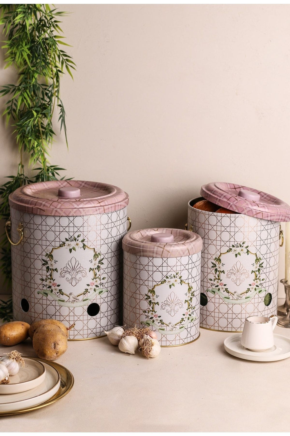 Patates Soğan Sarımsak Saklama Kabı 3 lü Set, Rosy