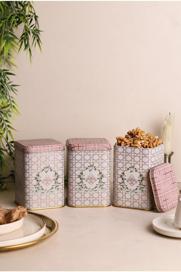 Evle Kare Metal Saklama Kabı 87x87X125, 3 Lü Set, Rosy
